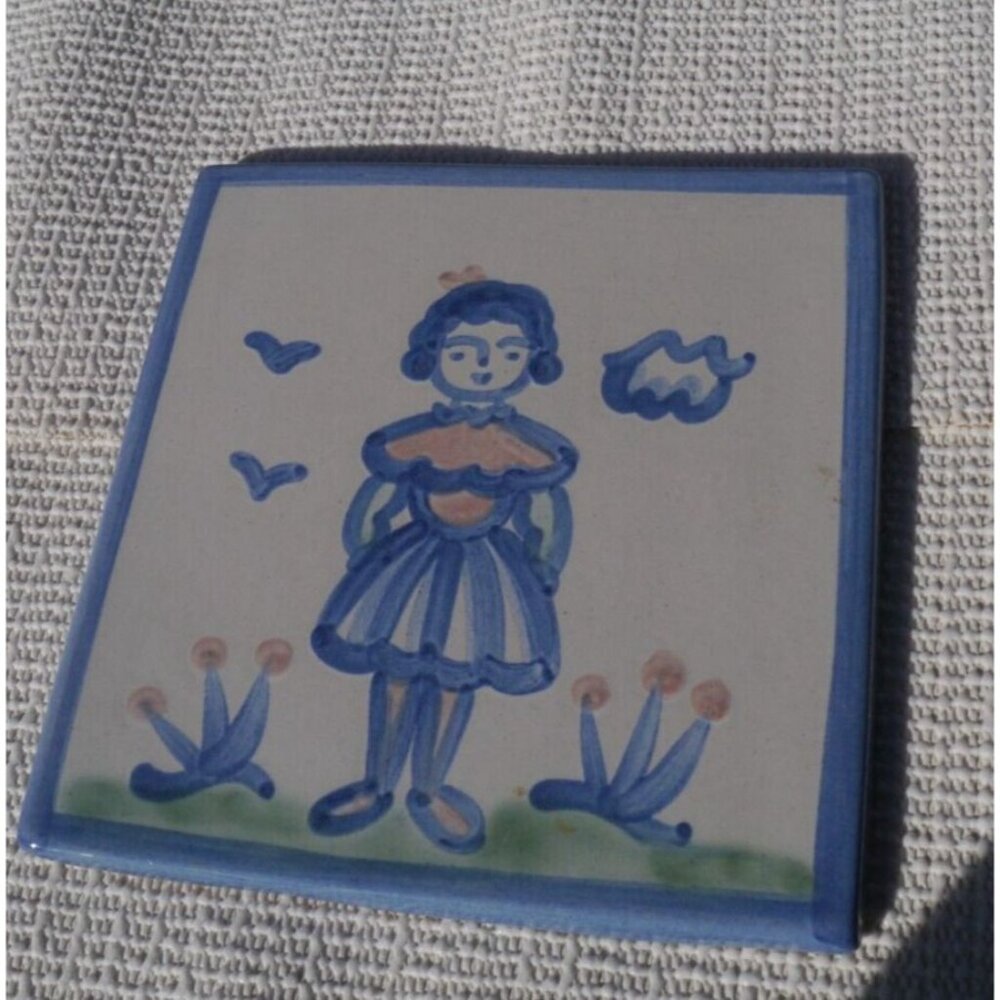 M A Hadley Pottery Title Trivet Country Scene With Woman girl 5 7/8" (6 inch)